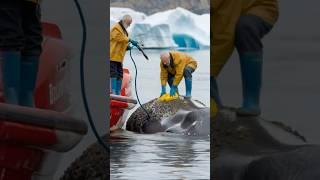 The old volunteers clean the most painful barnacles off the whale's back with special products