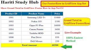 Display Total Sum in GridView Control Footer Row in Asp.Net C# | Hindi | Online Learning Classes