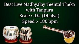 मध्यलय तीनताल ठेका | Best Live Madhyalay Teental Theka | D# Scale | काळी २ | 180 bpm | Kali 2