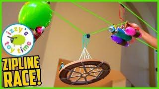 ZIPLINE LEGO TOY RACE?!? Learning and DIY Crafts with Izzy's Toy Time! Family Fun!