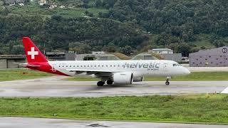 Embraer E190-E2 HB-AZG Helvetic Airways takeoff Sion airport Valais Switzerland 26.09.2024