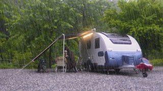 Alone caravan camping in the mountains with 250mm heavy rain / Non-stop rain