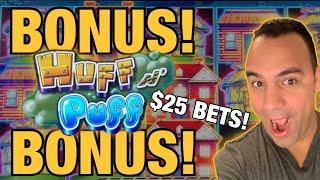  $25 BET HUFF N’ PUFF - 2 BONUSES!! ALL ABOARD & CASH MACHINE!!