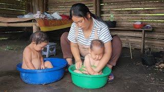 Mother is 9 months pregnant, takes care of two small children, bathes them, and cleans the house