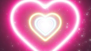 LOVE HEART NEON LIGHTS TUNNEL AND TOP ROMANTIC ABSTRACT GLOW PARTICLES MOVING WALLPAPER BACKGROUND