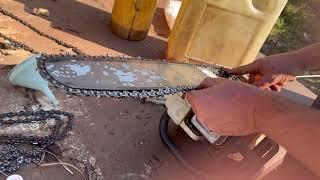 Preparing an electric saw for cutting trees / cutting firewood for the winter/wood for the fireplace