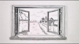 How to draw in one point perspective, a window scenery, step by step