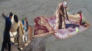 Zahra and Masoud going to a worker from building to washing carpets