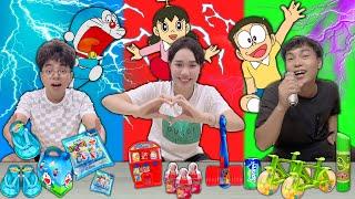 THỬ ĂN ĐỒ MÀU SẮC THEO CÁC NHÂN VẬT DOREAMON NOBITA XUKA XEKO MỎ NHỌN THẮNG TÊ TÊ HẰNG NGA