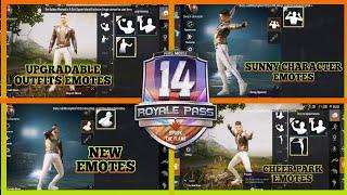 PUBG MOBILE SEASON 14 ROYAL PASS EMOTES,SUNNY EMOTES AND VOICES AND UPGRADABLE OUTFIT EMOTES