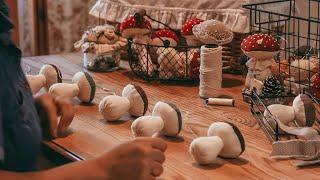 Autumn everyday life in a forest house. A diligent housewife. I sew mushrooms. Time for vegetables