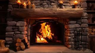 Rustic Stone Fireplace With Crackling and Relaxing Sound In a Cozy Cabin Atmosphere