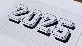 DRAW 2025 in 3D like a PRO /How to draw 2025 number 3d drawing on graph paper /2025 drawing on paper