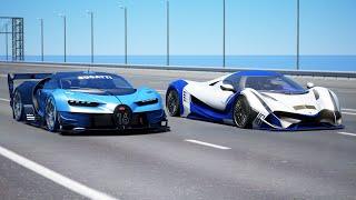 10,000HP Bugatti Vision GT vs 20,000HP Devel Sixteen | DRAG & TRACK RACE