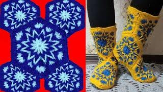 Тапочки сапожки крючком. Мотив польская звезда . How to crochet home slippers, boots. Мастер класс