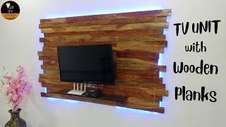 TV unit DIY with wooden planks | LED lights