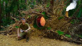 Build A Warm And Cozy Bushcraft Shelter For Survival, A Hidden Sanctuary Inside The Root Of A Tree.