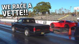 Our GMC Syclone battles a C6 Corvette! Drag strip action!