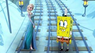 Фрозен Эльза - Frozen Elsa и ГУБКА БОБ - SPONGEBOB спорят кто круче! Беговой челлендж №24