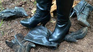 Girl destroys many boots, food crush, high heel crush, trashy boots, abused shoes