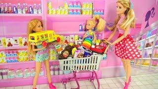 Barbie and Her sisters Go Shopping at Toy store & Supermarket Pasar boneka Barbie Irmãs Compras