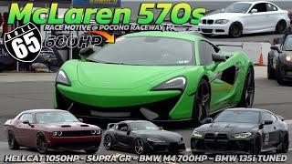 McLaren 570s vs Hellcat 1050hp, BMW M4 700hp, BMW 135i Tuned & Supra GR @ Race Motive 65mph Roll