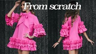 FROM SCRATCH: HOW TO CUT AND SEW A DRESS WITH RUFFLES DETAILS AND NECK TIE