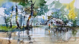 Water color landscape | beautiful landscape demo for beginners | PRAKASHAN PUTHUR