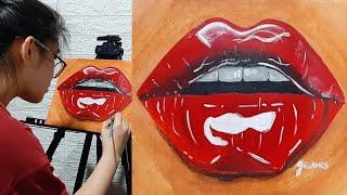 MY FIRST ACRYLIC GLOSSY RED LIPS PAINTING (Timelapse) By Joy Guamos