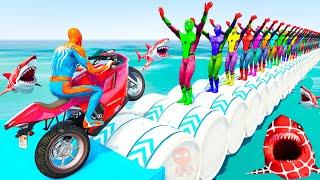 Superheroes on a motorcycle ride over the sea along the Spider-Man Bridge GTA 5