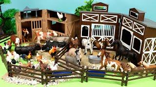 Barn Set with Barnyard Animal Figurines - Horses Cattle Chicken