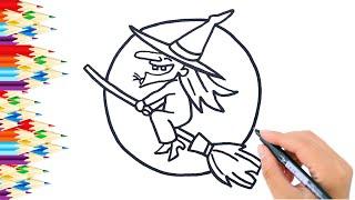 How to draw a WITCH for Halloween . Cartoon coloring book for kids. Learn to draw