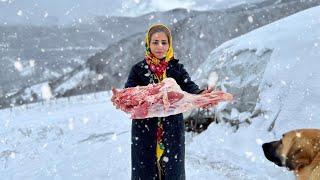 Living in Distance Snowy Village and Cooking Lamb Broth for Dinner