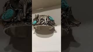 Sterling silver, Native American, wolves ￼, turquoise cuff bracelet #nativeamerican #jewelry #cuff