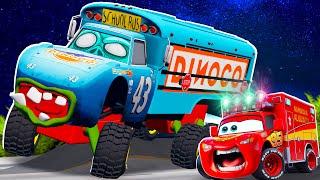 McQueen AMBULANCE and Mater VS KING BUS Zombie, DINOCO, Apocalypse in BeamNG.drive