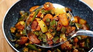 DELICIOUS FRIED OKRA RECIPE (NO SLIME )| MASALA BHINDI ALOO FRY (VEGAN)