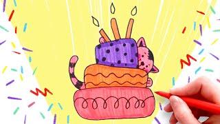 HOW TO DRAW A CUTE CAT AND CAKE - DRAWINGS FOR KIDS - DRAWING LESSONS WITH CHILDREN