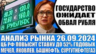 Анализ рынка 26.09 / Цб Рф взвинтит % ставку до 52% годовых? / Гос - во ждёт обвал рубля / Мечел