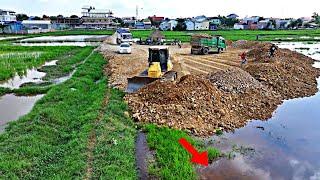 Start A New Action !! Bulldozer KOMATSU D53PX And Dump Truck 15Ton Pouring Soil To Delete Deep Pond