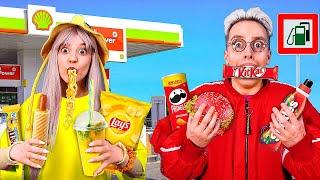 24 hours WE EAT ONLY RED vs YELLOW AT GAS STATIONS - Challenge!