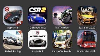 Asphalt 8, CSR Racing 2, Traffic Rider, Taxi Sim 2020, Rebel Racing, Asphalt 9, Camper Van Beach...