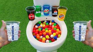 Mini Plastic Balls VS Popular Sodas !!! Coca Cola, Sprite, Fanta, Pepsi and Mentos in the toilet