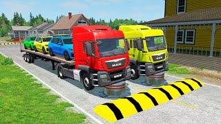 Double Flatbed Trailer Cars Transportation with Truck - Train vs Car - BeamNG.Drive #117