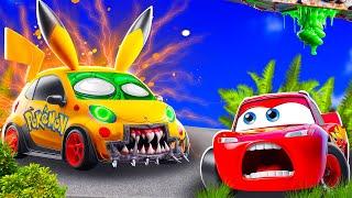 Big & Small:McQueen and Mater VS Pikachu Pokemon car ZOMBIE slime Zombie Apocalypse in BeamNG.drive