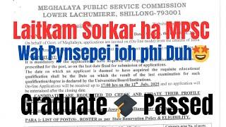 Laitkam Sorkar Graduate passed ha Meghalaya Public Service Commission | Jobs Recruitment Meghalaya