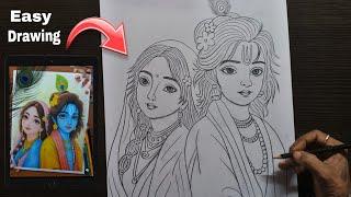 how to draw lord radha and krishna easy pencil sketch drawing,how to draw lord krishna & radha,