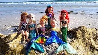 MERMAID tails ! Elsa and Anna toddlers at beach - Ariel - sand - swim - floatie - water fun - splash