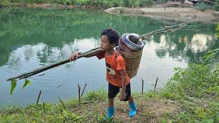 village life boy khai living alone in the deep forest, making fishing traps, harvesting fish to sell