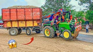 ￼John Deere Tractor 5210 | 2 trolley sugarcan pulling loaded