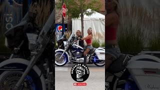 Beautiful Blonde With Harley Davidson Road King Custom Light Blue Neon